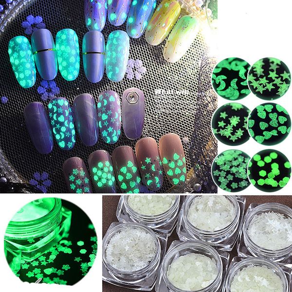 

2018 new 1 box fluorescent luminous nail art sequin moon heart star flower ultra-thin nail glitter flakes powder glow decoration, Silver;gold