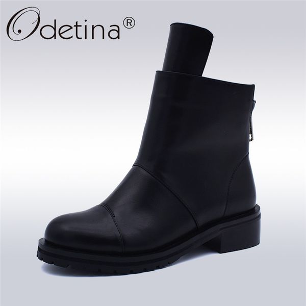 

odetina new fashion autumn winter ladies concise ankle boots women thick plush work boots soft low heels 4cm back zipper shoes, Black
