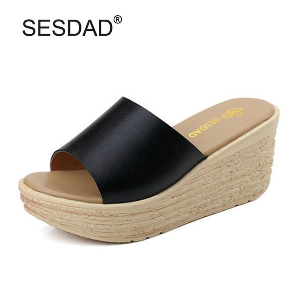 

ladies casual platform wedges slipper fashion open toe high heels beach sandals for women brief slip-on casual wedge sliders, Black