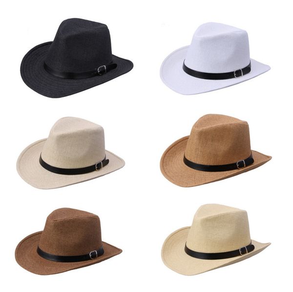 

new summer solid straw hat with leather belt designer cowboy panama hat cap summer sun beach caps fisherman jazz, Blue;gray