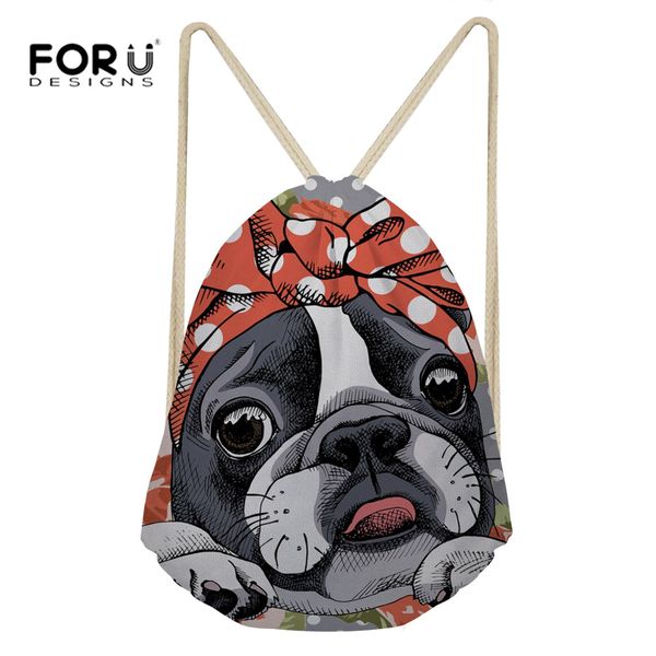 

forudesigns drawstring bag boston terrier printing drawstring backpack women storage package string bag teens girls sack new