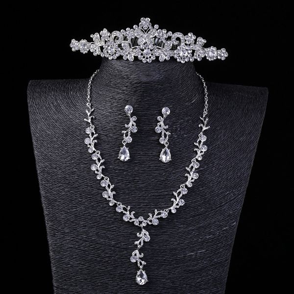 

amazing bridal jewelry set sparkling three piece crown earring necklace jewelry wedding party accessories for ladies, White