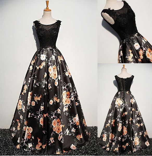 

vintage 2018 lace applique floral print prom dresses stain sleeveless scoop evening gowns formal simple floor length party gown, Black
