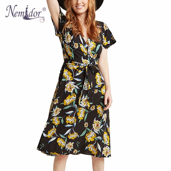 

nemidor women vintage short sleeve casual print a-line summer dress v-neck belted plus size 8xl 9xl party midi swing dress, White;black