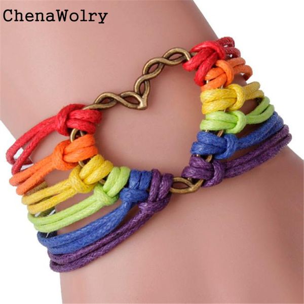 

chenawolry new fashion design attractive rainbow flag pride charm heart braided bracelet gay lesbian love bracelets oct16, Golden;silver