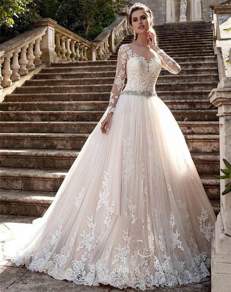 

sheer neck long sleeves appliques new vintage lace wedding dresses vestios de novia bridal gown, White