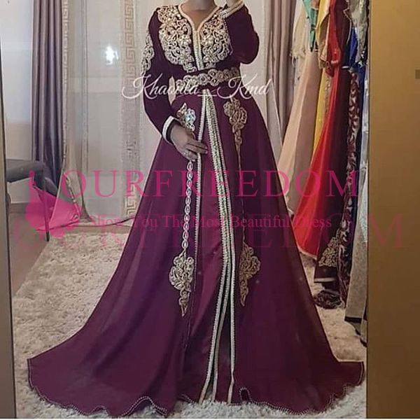 

2019 saudi arabic burgundy long sleeve evening dresses gold appliques belt muslim formal prom occasion party gowns custom made, Black;red