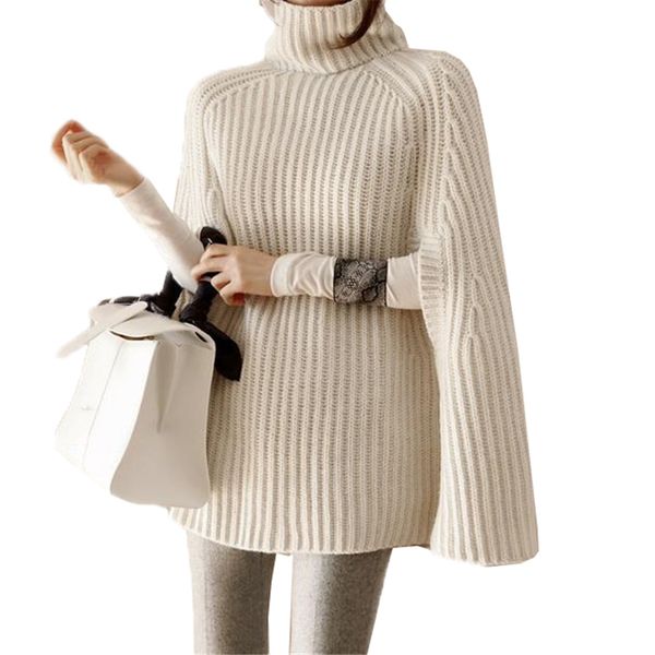 

plus size women warm turtleneck oversize knitted sweaters pullover capes 2018 loose autumn sweaters female cloak winter jumper, White;black