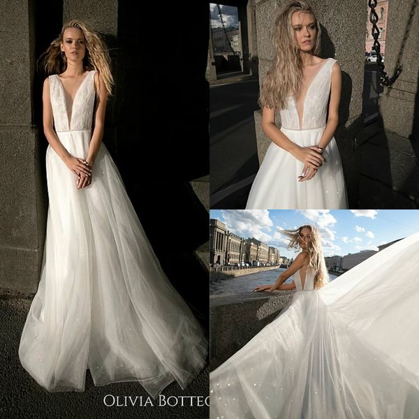 

2019 a line beach wedding dresses deep v neck sleeveless glitter sequins sweep train boho wedding dress custom made bohemian bridal gowns, White