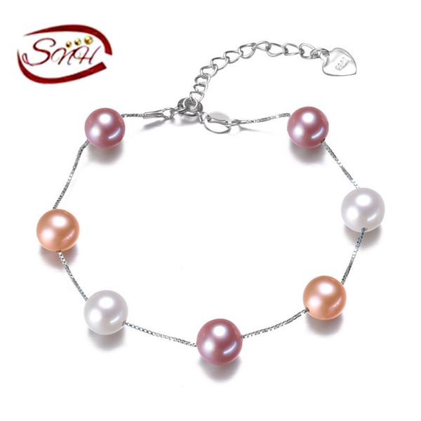 

snh 6.5-7.5mm natural freshwater pearl bracelet for women white/multi-color two types bracelet, Golden;silver