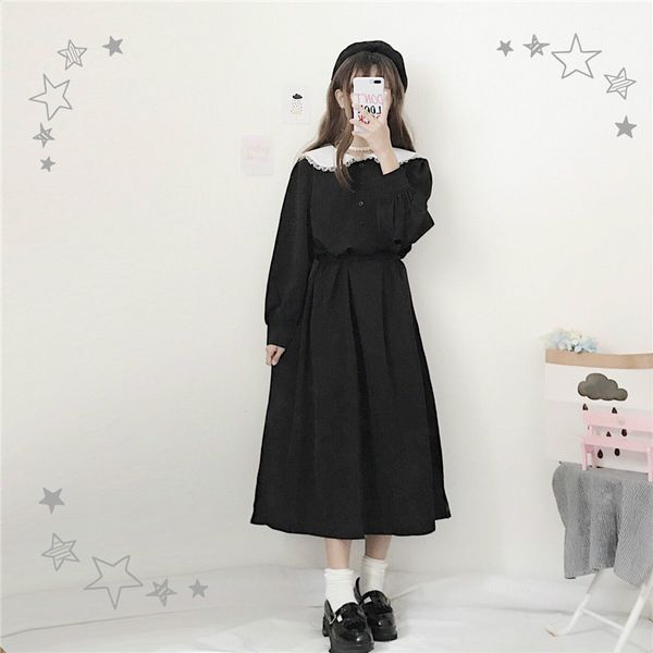 

japanese harajuku women black maxi long dress peter pan collar vintage lolita style vestidos longo full sleeve cute kawaii dress, White;black