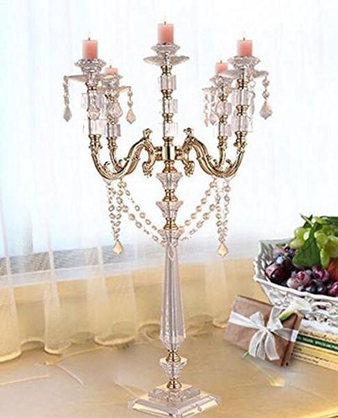 

5-arms acrylic candle holders gold candelabra centerpieces 30.3 inches elegant candlestick with crystal pendants home decor