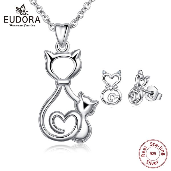 

eudora 925 sterling silver jewelry set hellokitty two cats pendant necklace stud earrings women jewelry christmas gift e85d317