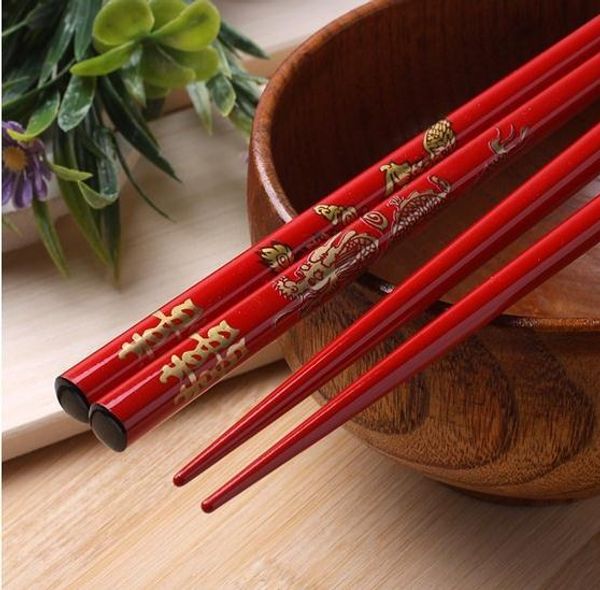 

wholesale-favorite chopsticks 10 pairs healthy red gold dragon painting auspicious wedding chopsticks tableware characteristic