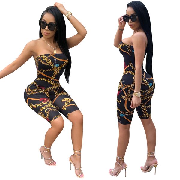 

summer female chain printed rompers bandage tube playsuits black white casual club femme bodycon overalls