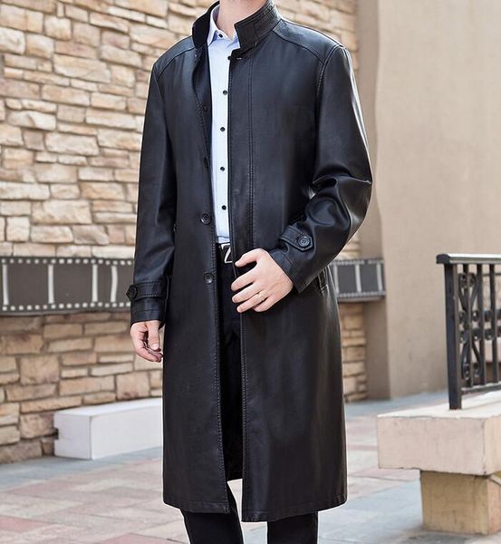 

wholesale- m-4xl 2017 spring men's new fashion single row of collar button pu lengthened overcoat coat size, Black