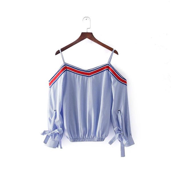 

sisplaid blouse women summer long sleeve pullover casual girls slash neck lace-up fashion light blue blouse, White