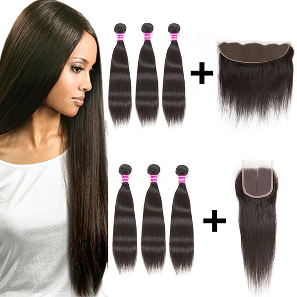 

unprocessed brazilian virgin hair straight wefts 3 bundles with 13x4 lace frontal or 4x4 lace closure human hair weave, Black;brown