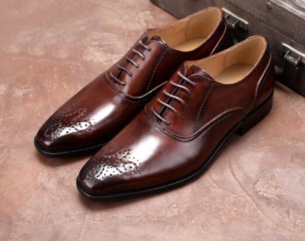 

men lace-up bullock carved oxfords genuine leather formal dress shoes for man new party wedding square toe shoes, Black