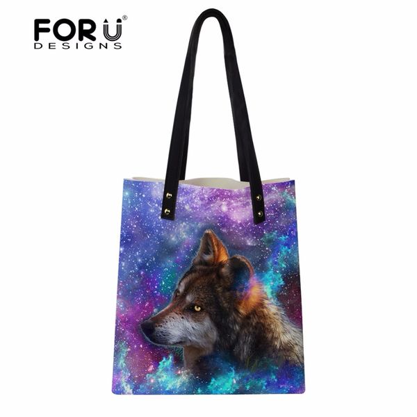 

forudesigns galaxy paern luxury handbags women pu leather bags animal wolf female casual messenger bags fashion tote bag girls