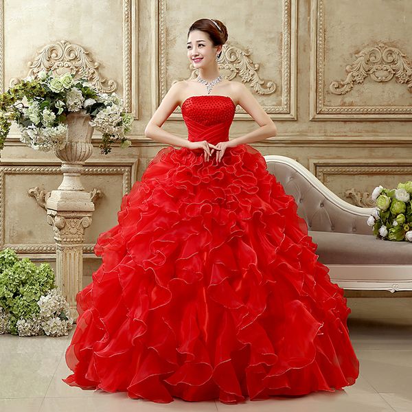 Branco Vermelho 2018 Robe de Mariage Princesa Bling Luxo Peras Branco Vestido de Bola Vestido de Casamento Personalizado Made Vestido de Noiva