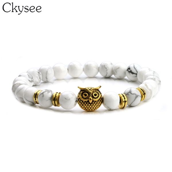 

ckysee antique godlen color owl head charm bracelet natural white howlite created beaded bracelets pulseras for men women, Black