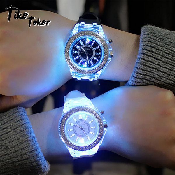 

men women lovers & student trends fashion sports led flash luminous watch personality jellies 7 colors light wristwatch 10, Slivery;brown