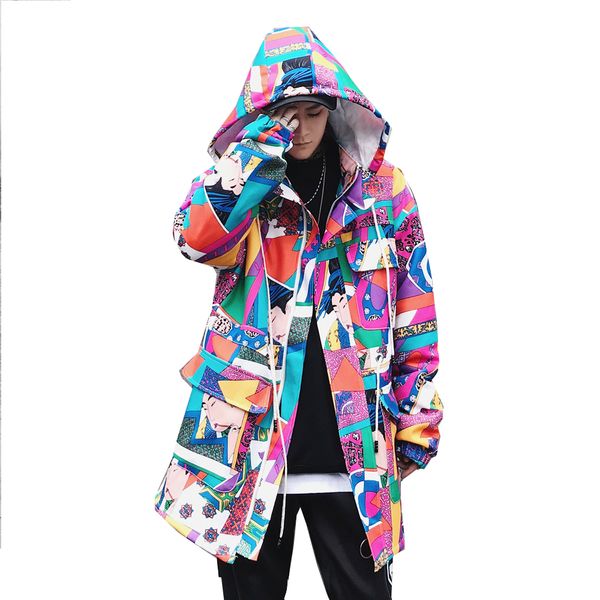 

harajuku japanese ukiyo e colorful patchwork jacket coats men hip hop removable hoodie sweatshirt streetwear parkas windbreaker, Black;brown