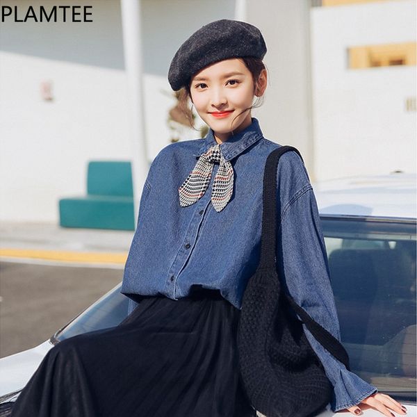 

plamtee 2018 spring bow turn-down collar denim shirts for women long sleeves all match blouse women loose skinny female new, White