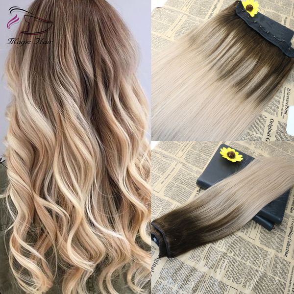 

5 clips one piece clip in human hair extensions with lace straight brazilian virgin hair ombre balayage color #4 fading to #18, Black;brown