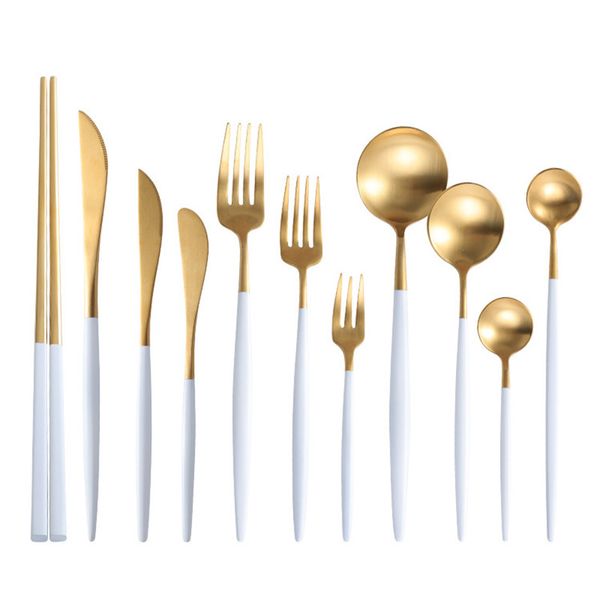 

luxury gold stainless flatware knives forks spoons matte gold wedding cutlery with white paint coated handle