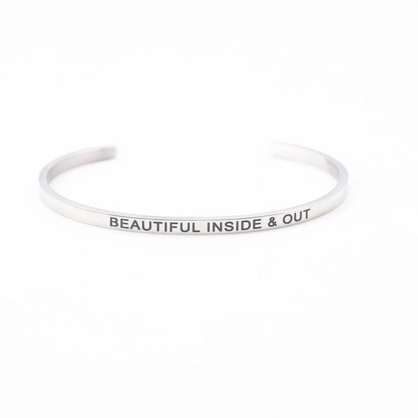 

silver stainless steel engraved positive inspirational quote cuff bracelet beautiful inside & out mantra bangle for women gift, Black