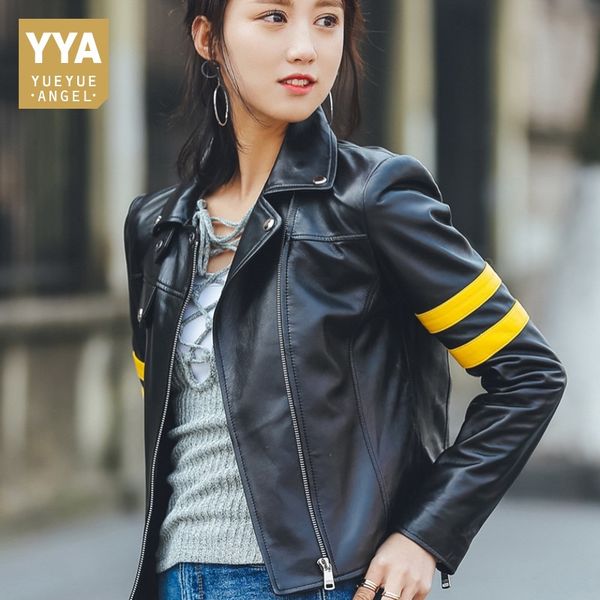 

motorcycle biker genuine leather jacket women short style zipper boyfriend ladies coat slim fit long sleeve punk leather jackets, Black