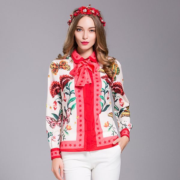 

wholesale-milan new runway 2018 spring women's party office work print flowers shirt fashion long sleeve plus size blouse, White