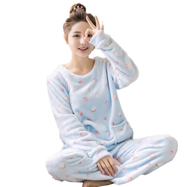 

adults autumn and winter women pyjamas sets thick warm pajamas suit flannel long sleeve female cartoon animal pants sleepwear, Blue;gray