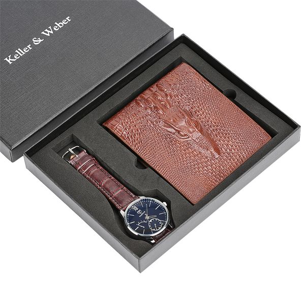 

men watch brown leather wallet gift set for male business men's quartz wristwatch present for father boyfriend, Slivery;brown