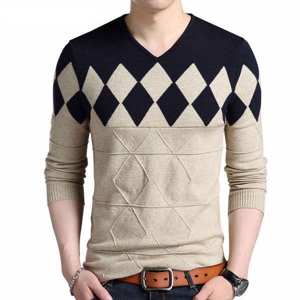 

Cashmere Wool Sweater Men Autumn Winter Slim Fit Pullovers Men Argyle Pattern V-Neck Pull Homme Christmas Sweaters