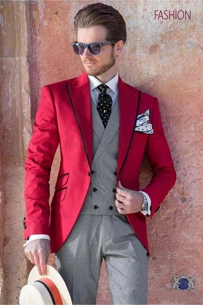 

custom design one button red wedding groom tuxedos peak lapel groomsmen mens dinner blazer suits (jacket+pants+vest+tie) no:1535, Black;gray