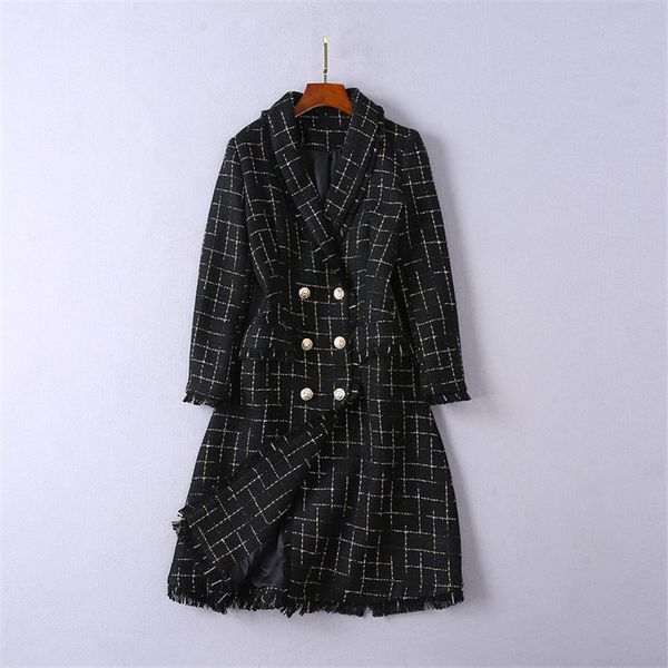 

european 2018 autumn winter fashion women woolen jackets and coats turn down collar double breasted tassel plaid tweed overcoat, Black
