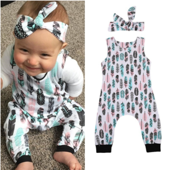 

newborn baby boys girls feather romper bodysuit jumpsuit headband outfit sunsuit, White