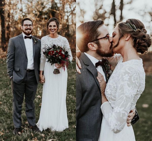 

2018 Modest Bohemian Lace Wedding Dresses A Line Long Sleeve Cheap Chiffon Garden Bridal Gown Lace Appliques Custom Wedding Bridal Gowns