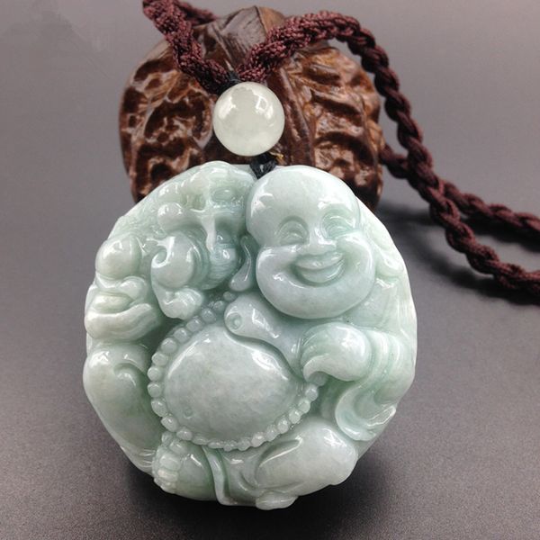 

48*48mm tjp natural myanmar jadeite jade maitreya pendant laughing buddha pixiu buddha jade pendant necklace for women and men, Silver