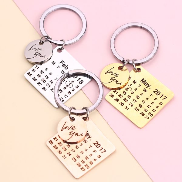 

personalized calendar keychain stainless steel key rings private custom birthday gift for lover friends special anniversary date, Silver