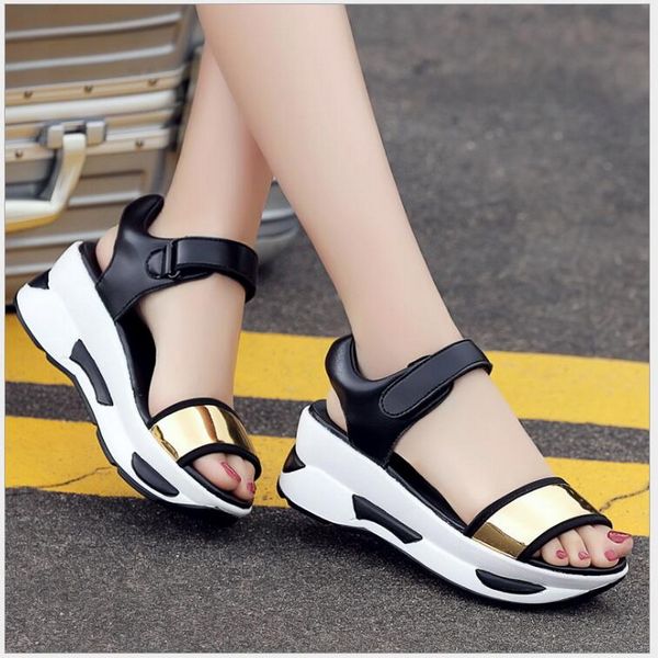 

summer women open toe sandals mirror super fiber wedge casual platform sandalias ladies gladiator sandals, Black
