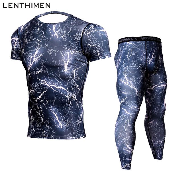 

dry fit compression tracksuit running set men short sleeve t-shirt pants jogging sport suit men's gym workout sportswear camo, Black;blue