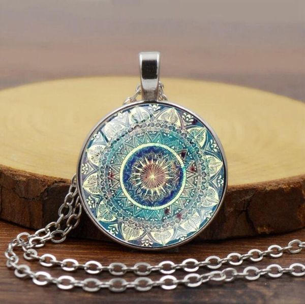 

vintage glass dome necklace buddhism chakra glass cabochon pendant jewelry om india yoga mandala necklaces for unisex, Silver