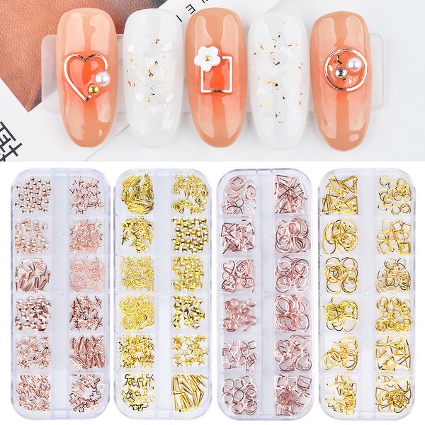 

1box diy rose gold metal nail slices ultrathin metallic flakes 3d nail studs rivet hollow art decorations manicure tools, Silver;gold
