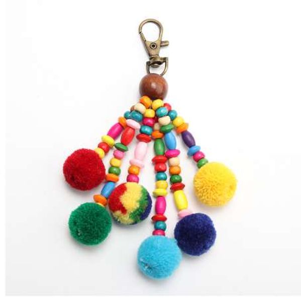 

1pc 2018 new pompom keychains with colorful wooden beads bohe style tassel handamde bag hanging pendant, Slivery;golden