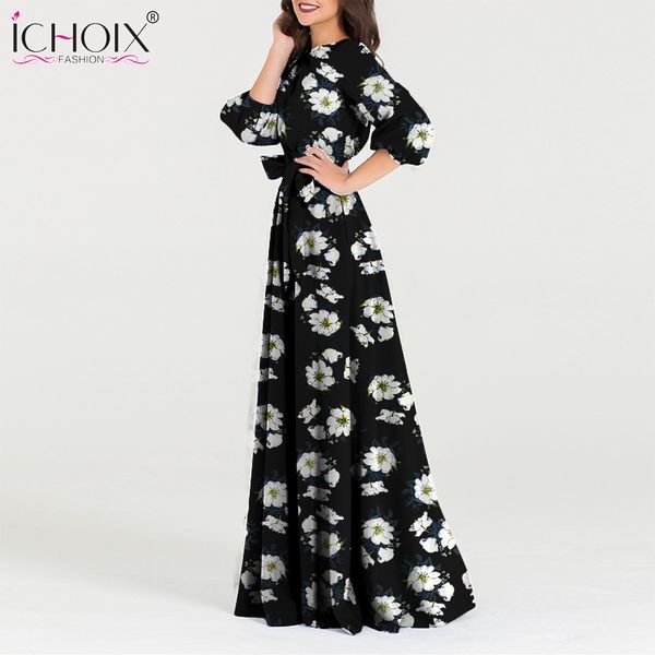 

2018 fashion autumn dress women floral print pattern casual dresses vintage maxi floor length vestido female evening party dress, White;black