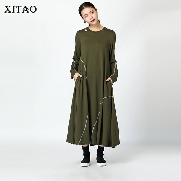 

xitao] europe 2018 new autumn casual women solid color mid-calf loose dress female full sleeve o-neck pullover dress ljt3515, White;black